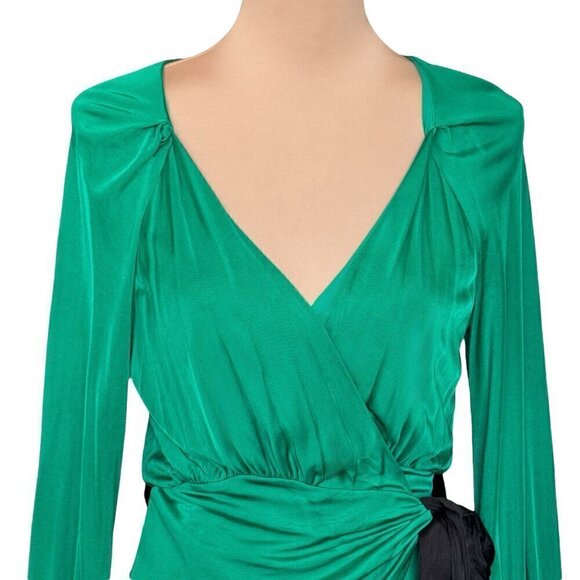 Diane von Furstenberg  Wrap Top Sz.M Green Sash Black Belt Bow Long Sleeve - Picture 5 of 16
